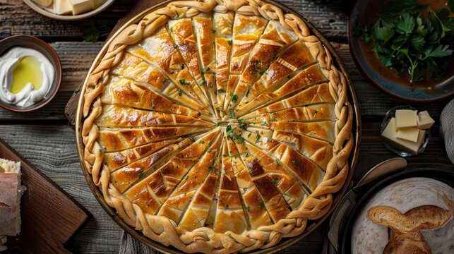 Top-down view of Albanian Flija with multi-layered pastry, meat, cheese, and melted butter