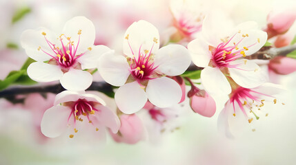 Naklejka premium Delicate Pink and White Flowers Bloom Gracefully on a Branch in Soft Light