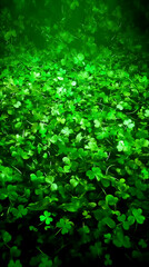 Field of Green Clover Plants Grows Densely Under Mysterious Green Light