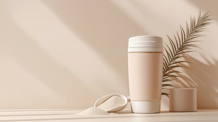 Sleek container with powder and palm leaf on a minimalist shelf with copy space