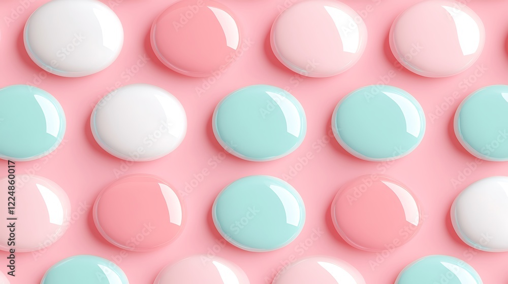 Poster colorful round glossy buttons in soft pastel shades on a pink background creating a cheerful visual 