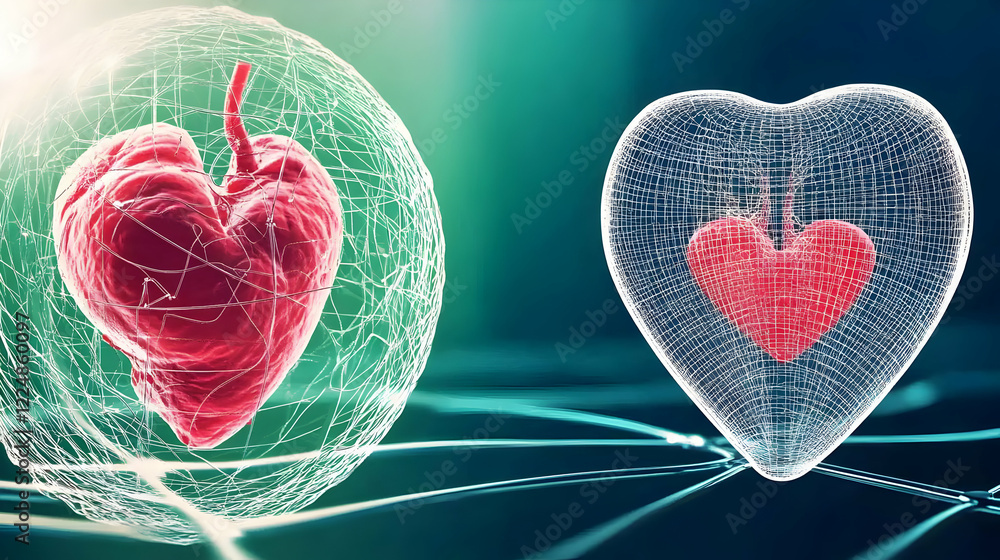 Poster 3d anatomical heart encased in wire mesh with a digital twin and interconnected lines.
