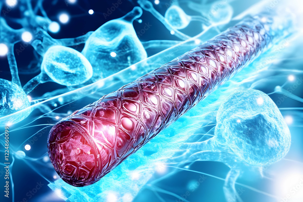Poster 3d rendered nanotube resides within biological network showing cells and connections.