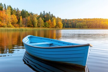 Obraz premium Serene Autumn Lake Scene with Small Blue Rowboat Docked at Water s Edge