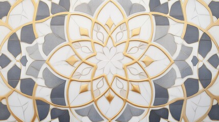 Intricate tile mosaic design featuring geometric patterns and a blend of gray, white, and gold hues in an artistic display of symmetry and elegance