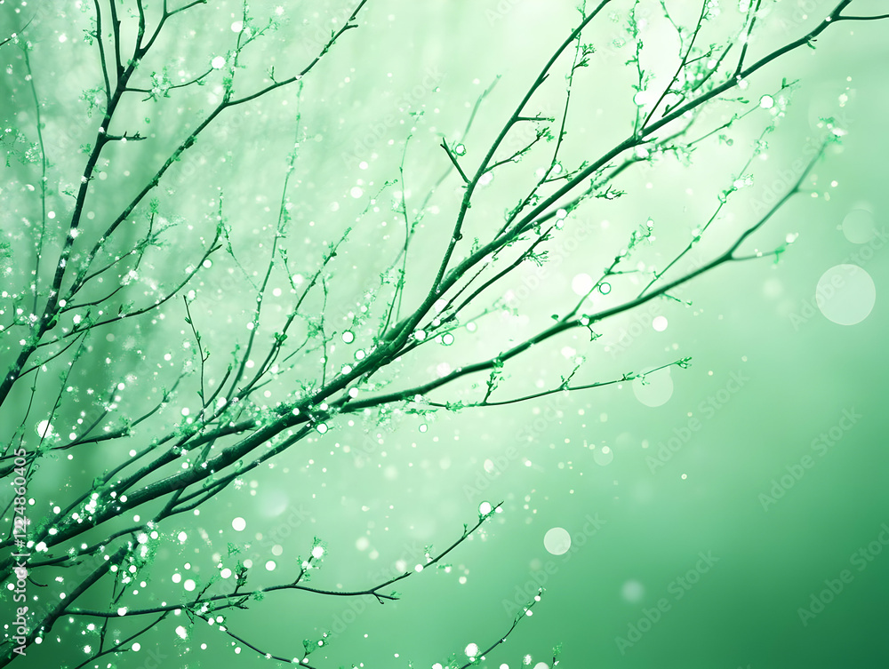 Poster fresh green spring branches with dewdrops on dreamy bokeh background gently sway in the breeze.