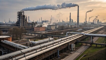 Fototapeta premium Panoramic Industrial Factory Exterior: Pipes, Ducts, and Smokestacks