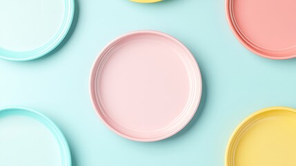 Colorful Round Plates on a Soft Blue Background for Creative Decorating and Table Setting Ideas