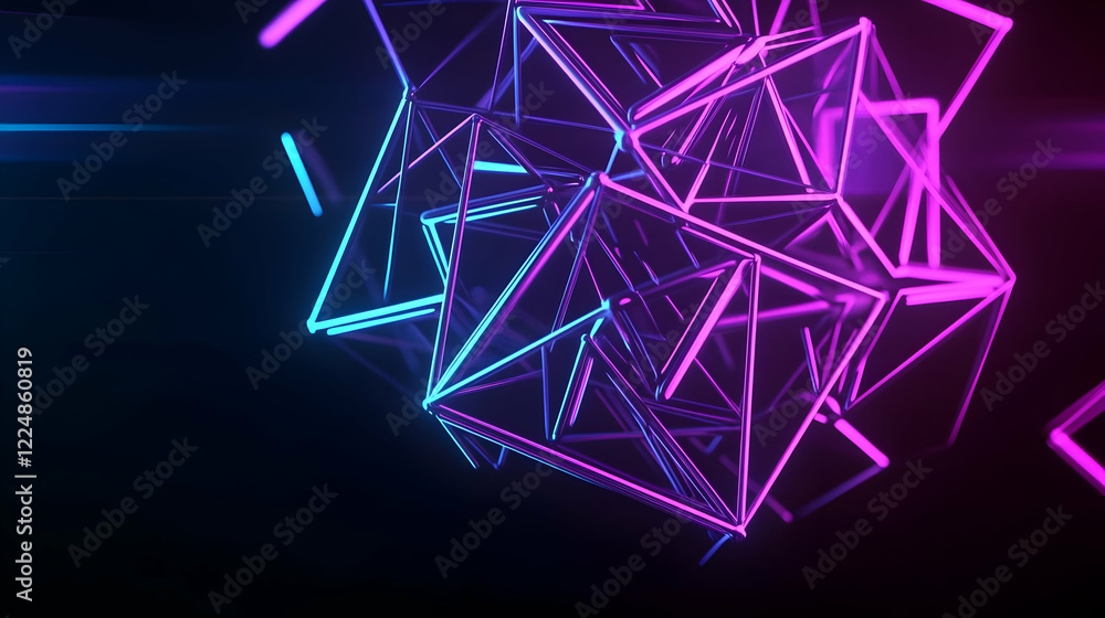 Poster abstract 3d render of glowing neon triangular structure against a dark background, futuristic design