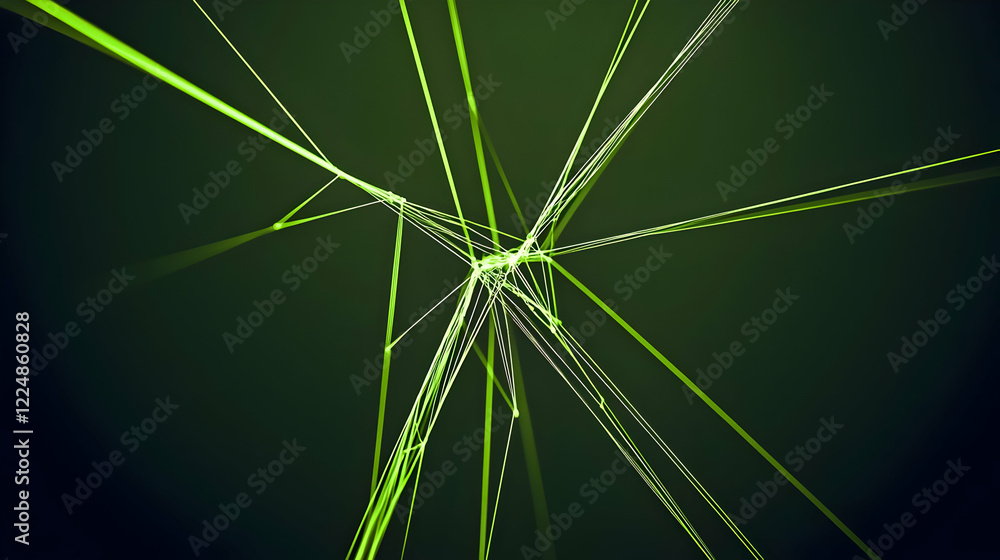 Poster abstract green lines intersect and create a complex network design on dark background.