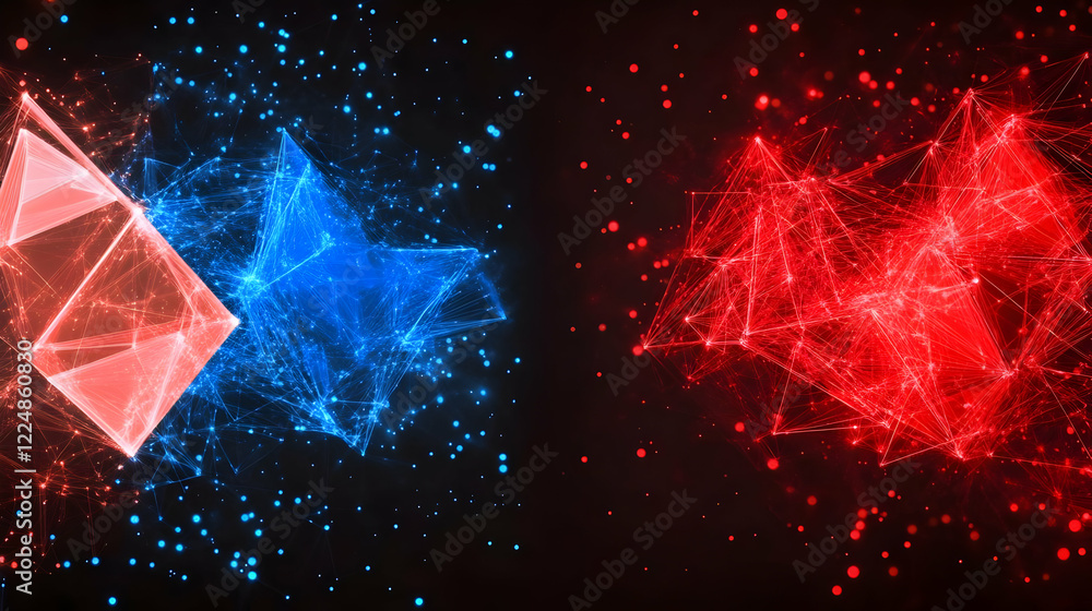 Poster red and blue abstract shapes illuminated with connecting lines and particles on black background