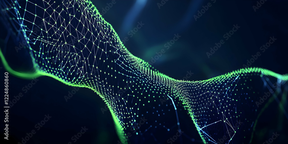 Poster abstract 3d green network structure flows dynamically on a dark background.