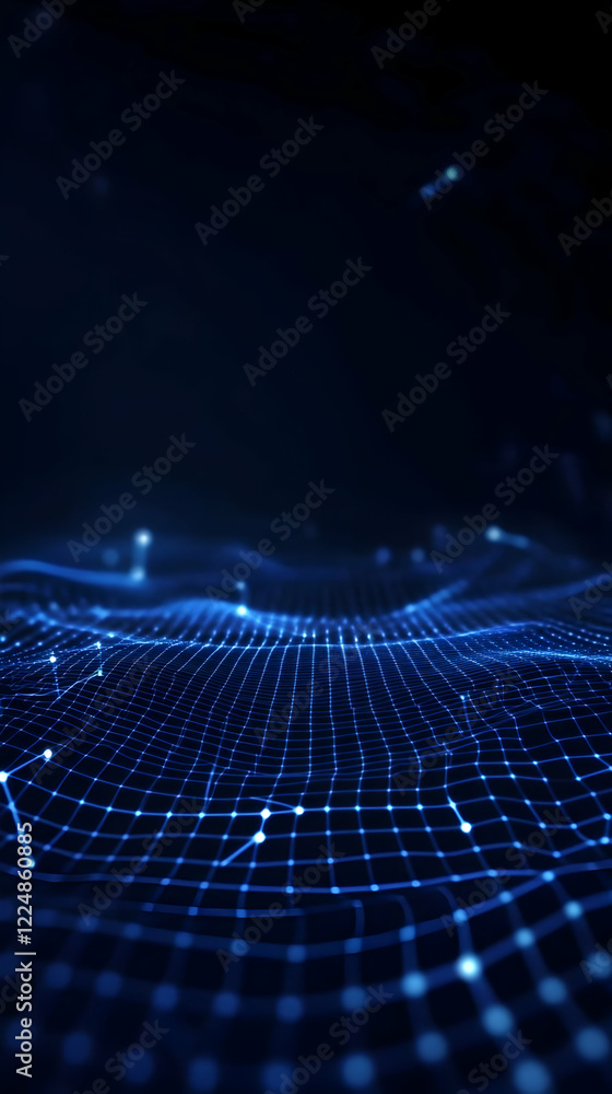 Poster abstract 3d blue grid landscape forms a wavy pattern with interconnected nodes in a dark background.
