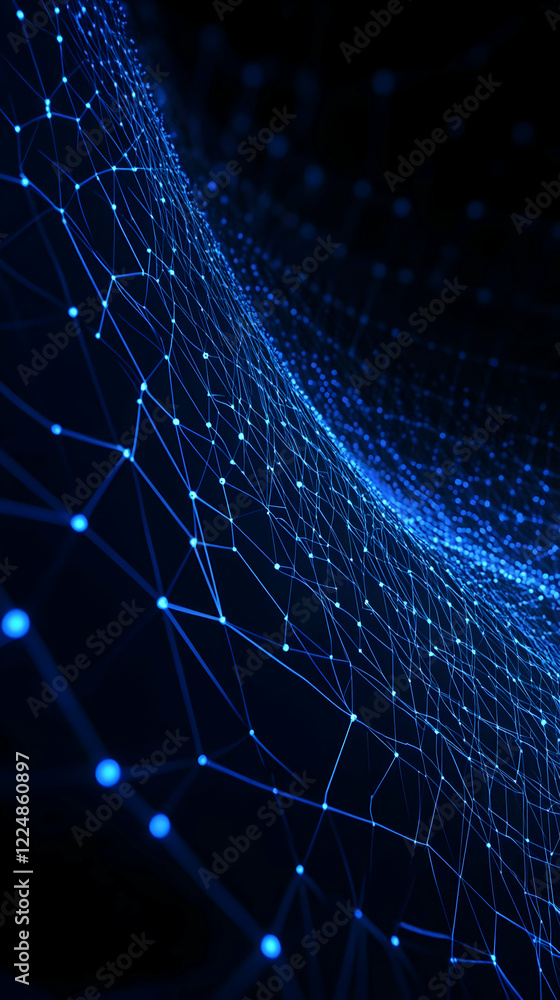 Aufkleber abstract blue network grid spreads across dark background in a 3d render