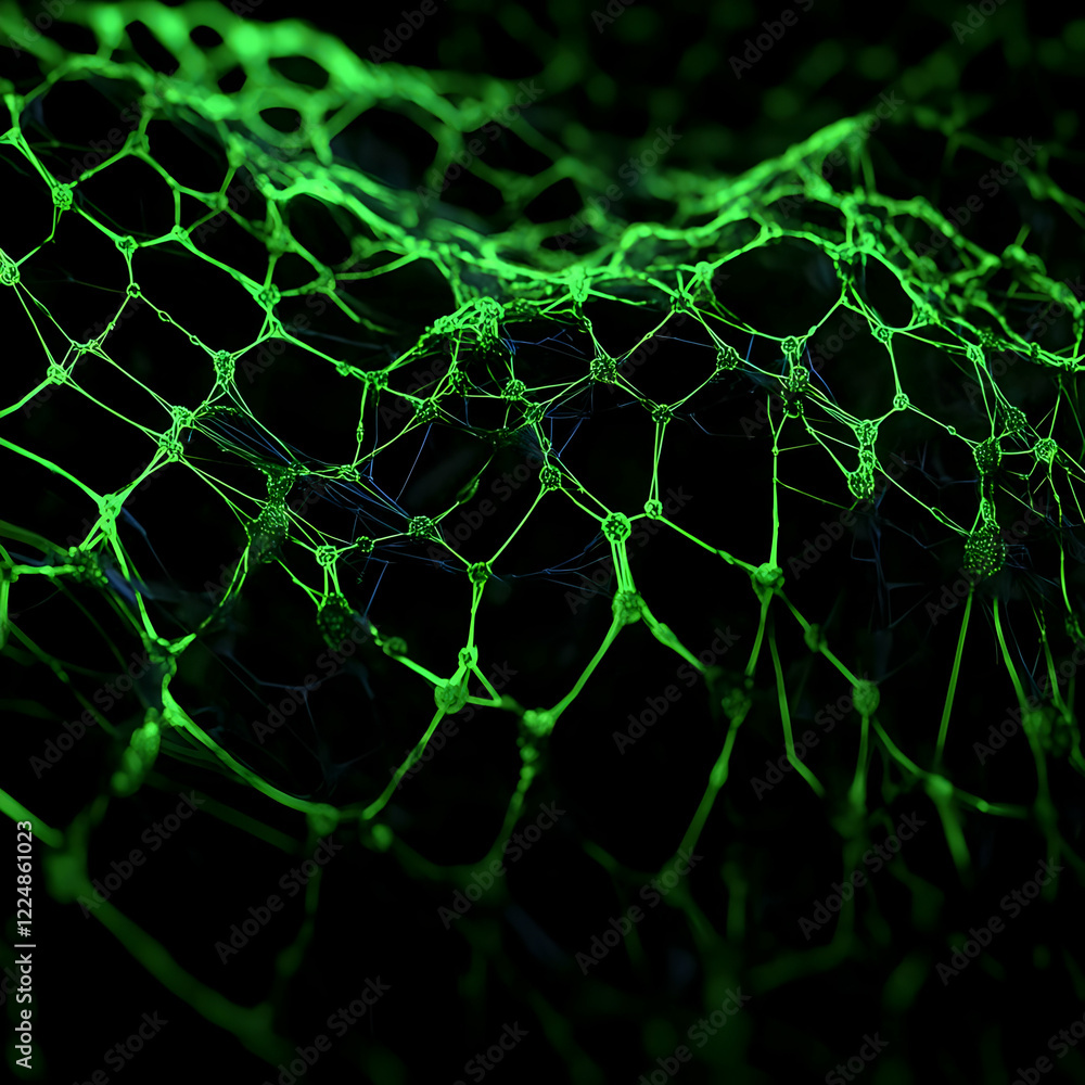 Poster abstract 3d green network structure glows on a dark background with interconnected nodes