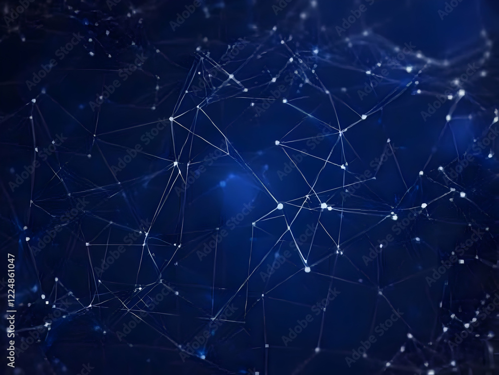 Poster abstract background creates interconnected network with glowing nodes on deep blue canvas.