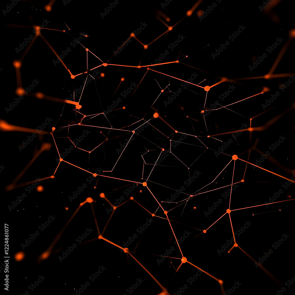 Aufkleber abstract 3d network connections with glowing orange dots and lines dynamically interact on a black b