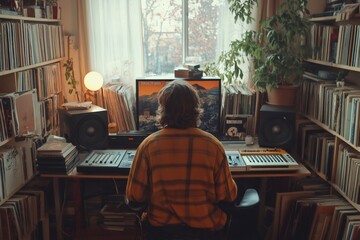 Fototapeta premium Music producer working in home studio with computer and mixing console