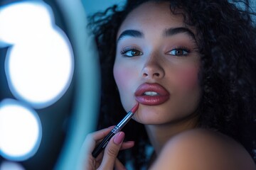 Obraz premium A close-up of a young woman applying lipstick in front of a vanity mirror, showing a focus on body care and beauty.
