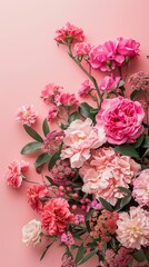 Obraz premium A vibrant cascade of pink roses and complementary flowers against a soft pastel pink backdrop.