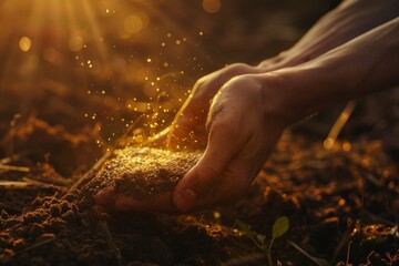 In primo piano le mani di un contadino che piantano i semi nel terreno, con una luce calda e morbida dell'alba