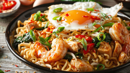 Close-up of Mie Goreng, featuring perfectly cooked noodles with vibrant vegetables, chicken, shrimp, a sunny-side-up egg, green onions, and red chili slices, all coated in glossy sauce.
