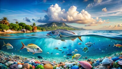 Obraz premium Panoramic Ocean Pollution: Fresh Fish with Microplastics