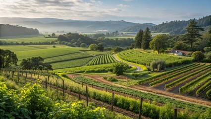 Naklejka premium Panoramic Organic Farm: Green Fields, Eco Textures & Vineyard - Exhibition Invite