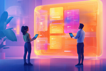 Modern office scene with colleagues collaborating using a 3D holographic display.