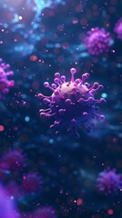 A vibrant close-up illustration of spherical virus particles, depicted with purple hues and suspended in a blue bokeh background.