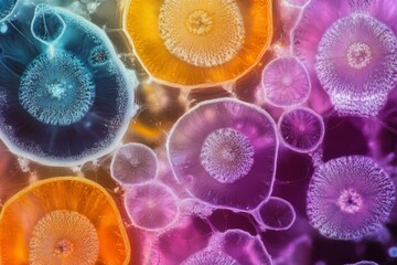 A microscopic view of mold spores, highlighting their intricate structures and vivid, vibrant hues.