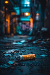 Photo of a cigarette butt left on the ground. which is a symbol of the problem of smoking addiction.