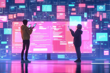 Futuristic business meeting with professionals interacting with digital data on a holographic screen.