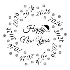 2026 dates and Snowflakes Circular Frame Happy New Year text and Santa Hat on letter. 2026 Greeting