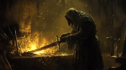 Dark elves in fantasy world. Dark elf blacksmith forging a sword in a fiery workshop filled with molten metal and shadows