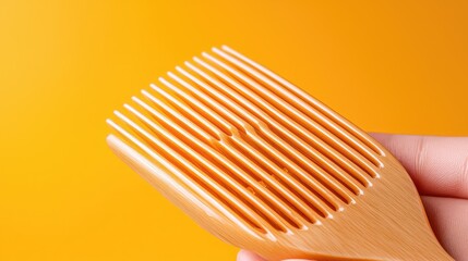 Hand holding wooden comb, yellow background, hair care