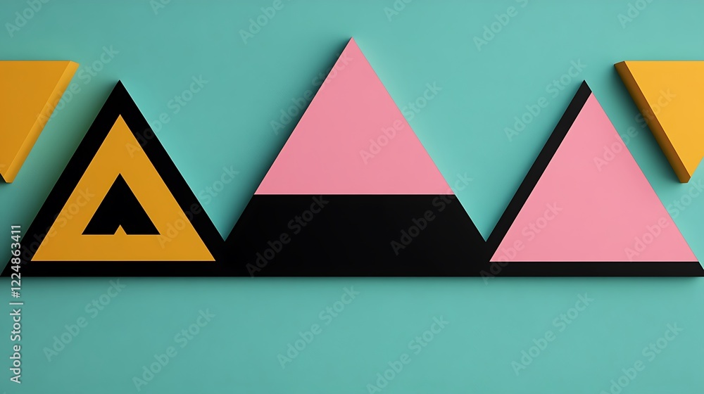 Poster geometric art composition with triangles and colorful shapes on teal background for modern design