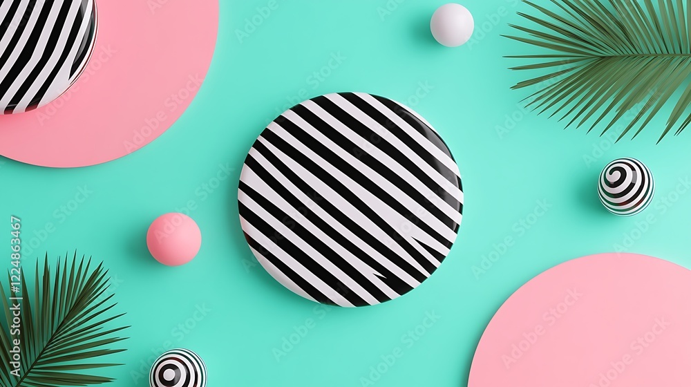 Poster geometric design with striped patterns and colorful shapes on a vibrant background