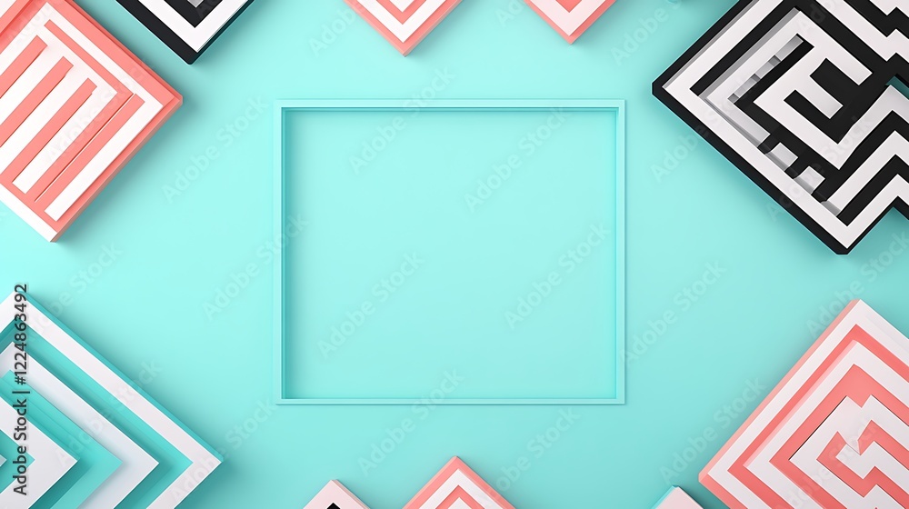 Aufkleber geometric frame on vibrant background surrounded by colorful shapes for modern design applications