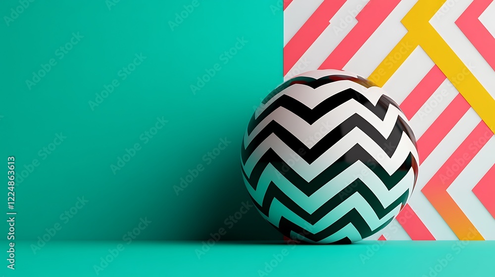 Poster geometric patterns with colorful background and black and white zigzag ball on turquoise surface