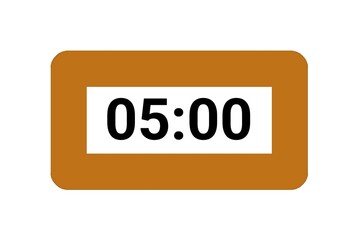 Digital Clock Display Showing 05:00 in Bold Black Numbers on a White and Brown Background. Illustration