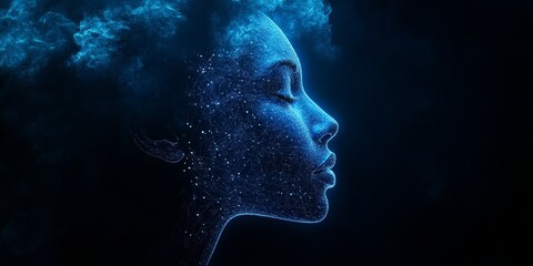 Abstract Profile of a Woman s Face Formed by Interconnected Digital Circuits in Blue and White
