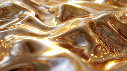 A close-up of fluid, shiny golden material with a wavy texture.