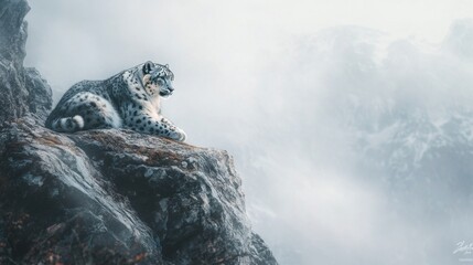 Snow leopard perched on a rocky mountain peak with a misty cloudy background view