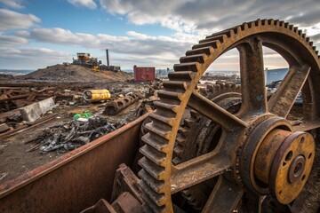 Panoramic Steampunk Metal Scrap: Rusty Industrial Parts Ready for Recycling