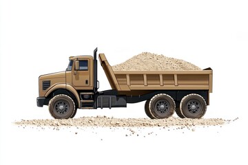 Obraz premium Dump Truck filled with sand isolated on white background. Dump Truck icon. Heavy Machinery. Construction Vehicle with sand. Dump Truck Design Element. Sand-filled Dump Truck isolated.