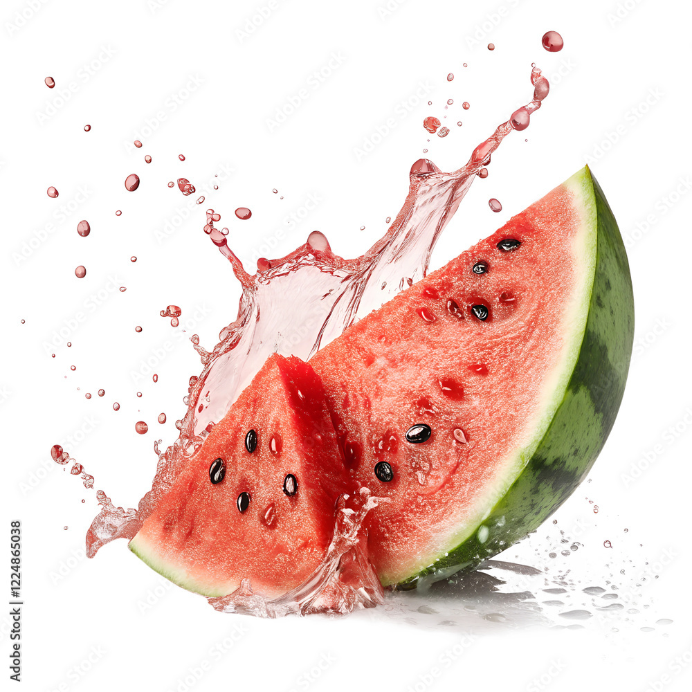 Poster slice watermelon splashing in water isolated on transparent background