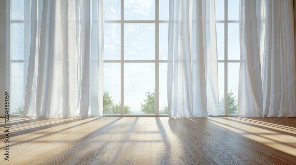 Aufkleber sunlight streams through large windows, creating beautiful shadows on the wooden floor. the white cu