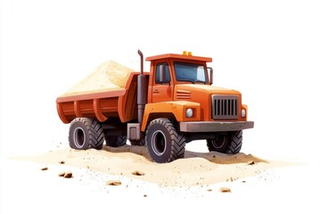 Dump Truck filled with sand isolated on white background. Dump Truck icon. Heavy Machinery. Construction Vehicle with sand. Dump Truck Design Element. Sand-filled Dump Truck isolated.