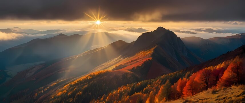A breathtaking capture of a mountain landscape blanketed in a mix of autumn colors illuminated by the warm sunlight peeking through clouds. Extremely detailed high resolution illustration.